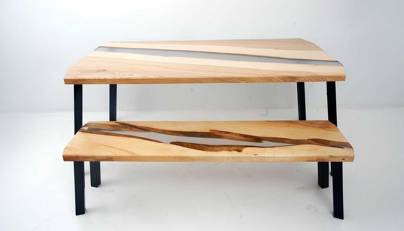 Epoxidharz Tisch Bank 2tlg. Set Echtes Holz Wasserfall Fluss Tische Gruppe Neu