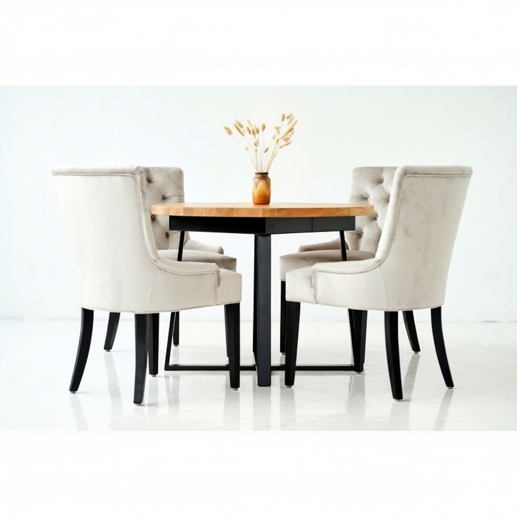 Essgarnitur Tisch + 4 Chesterfield Stuhl Stühle Holz Sitz Polster Garnitur Lehn