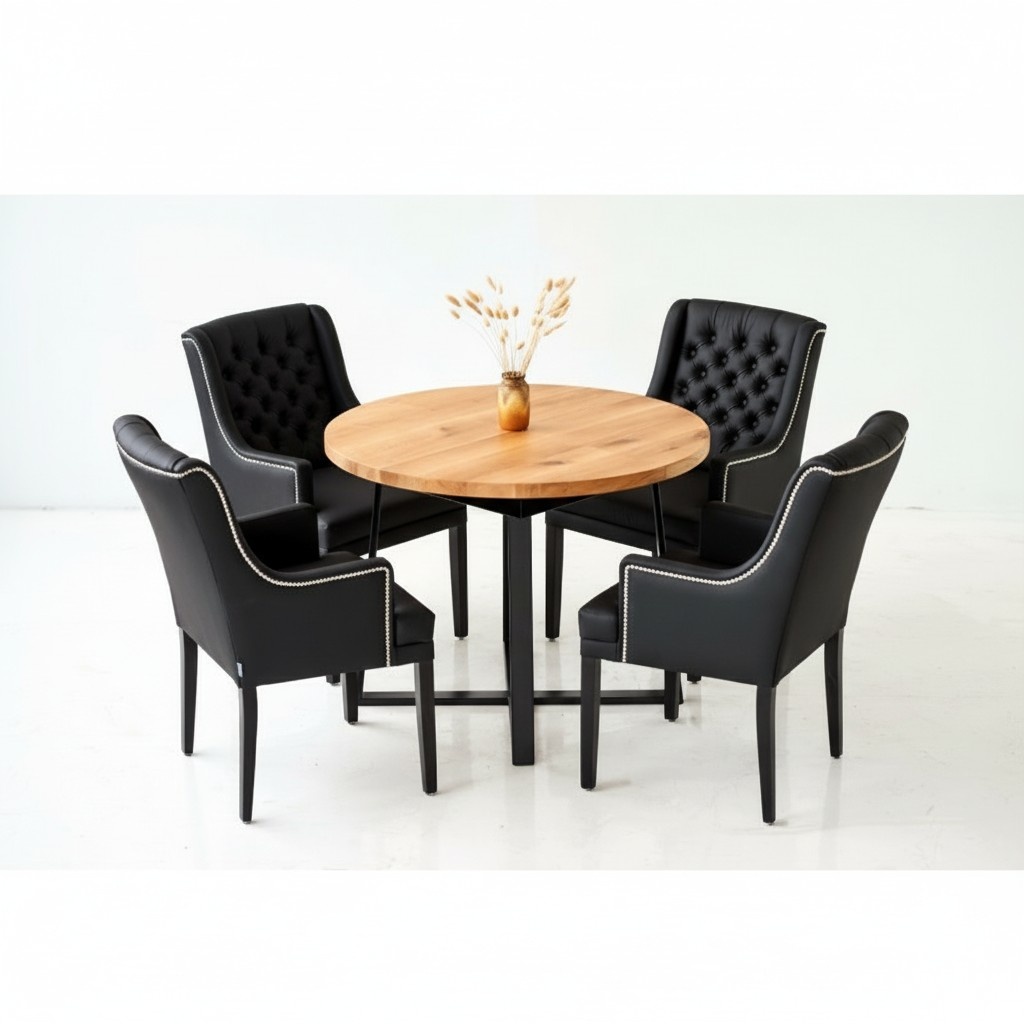 Essgarnitur Tisch + 4 Chesterfield Stühle Stuhl Holz Sitz Polster Garnitur Lehn