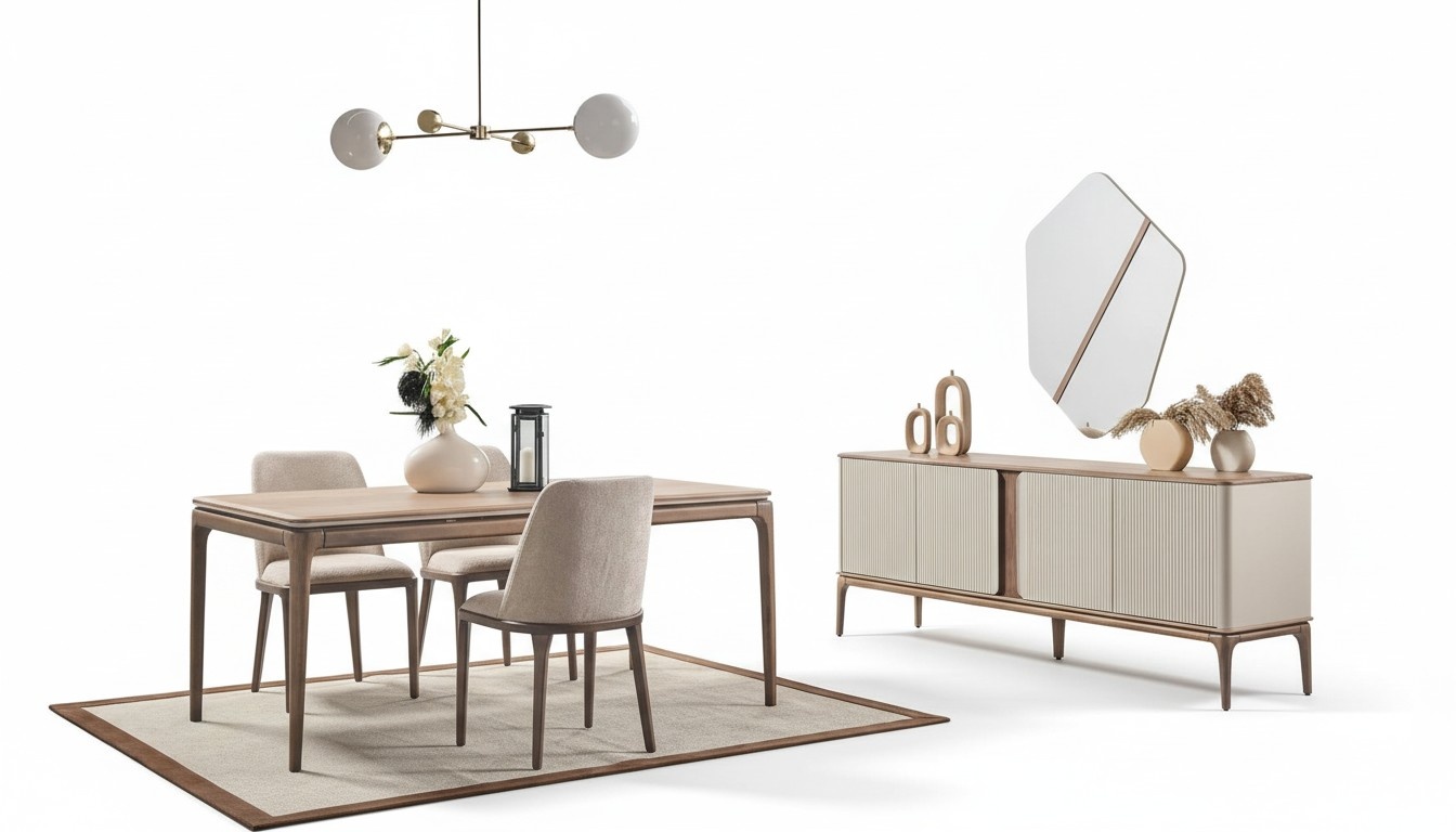 Essgruppe Esstisch 4 Stühle Sideboard Spiegel Modern 7tlg Holz Beige