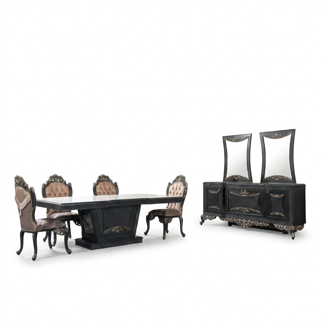 Essgruppe Esszimmer Esstisch Stühle Holz Set 12tlg Grau Barock Sideboard