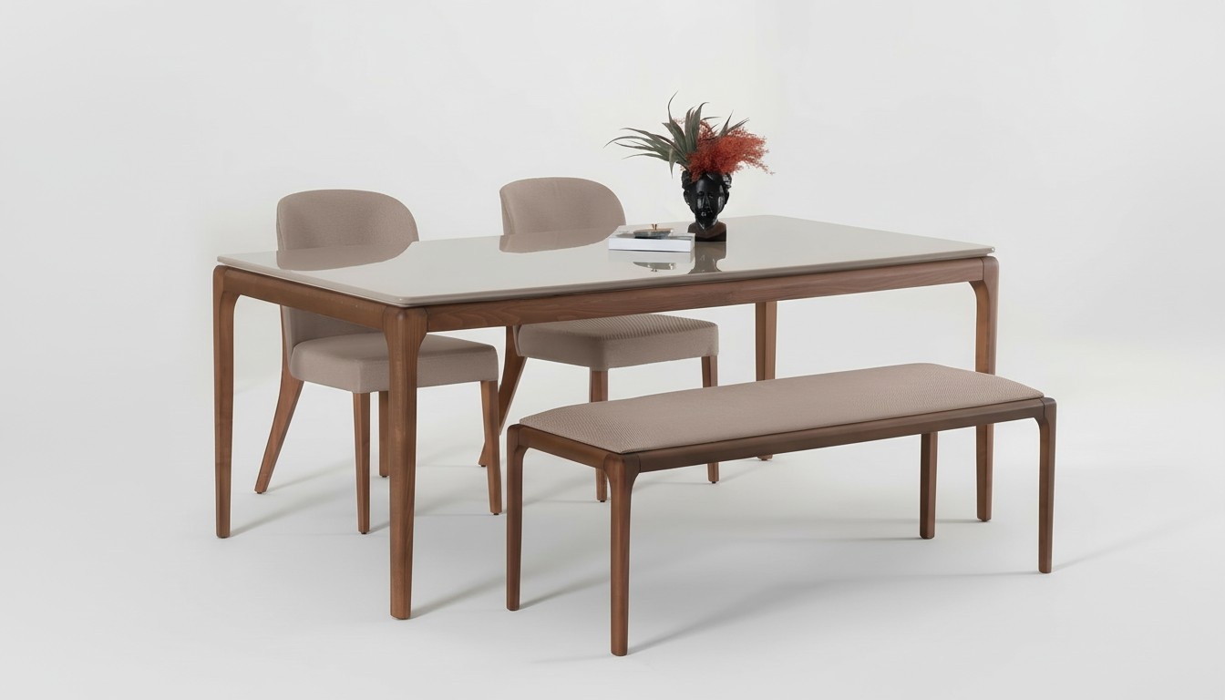 Essgruppe Esszimmer Set Bank 4x Stühle Tisch Möbel beige 6tlg