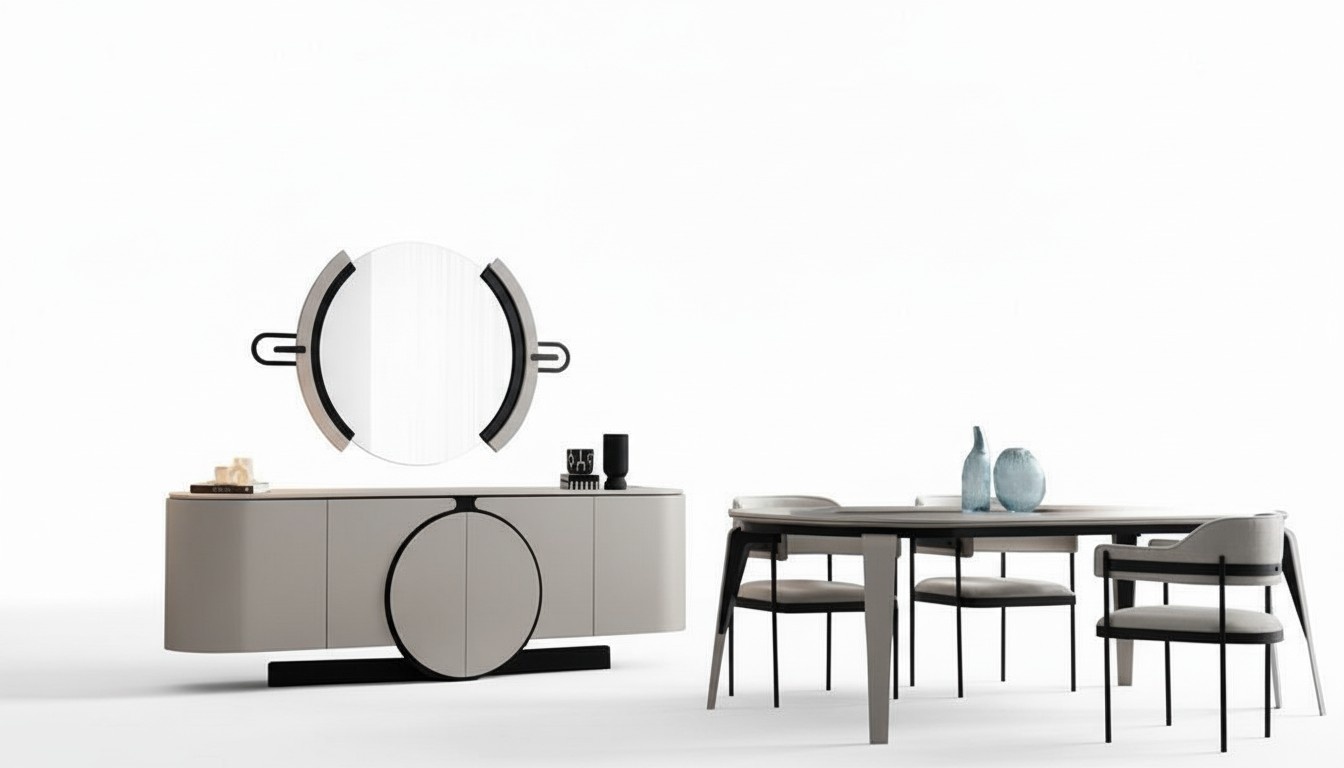 Essgruppe Esszimmer Set Esstisch mit 4x Stühlen Sideboard Spiegel Weiß