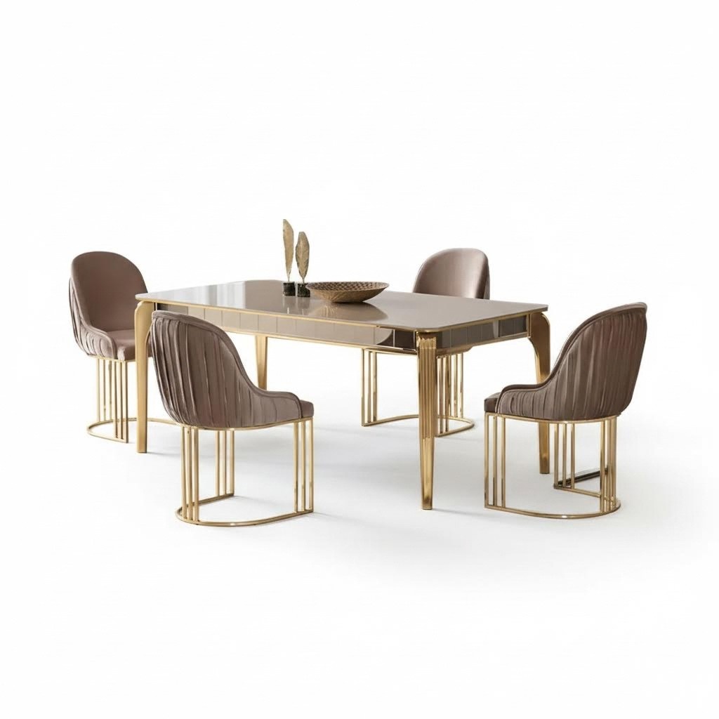 Essgruppe Garnitur Esszimmer Esstisch Stühle Beige 5tlg Holz Tisch Set