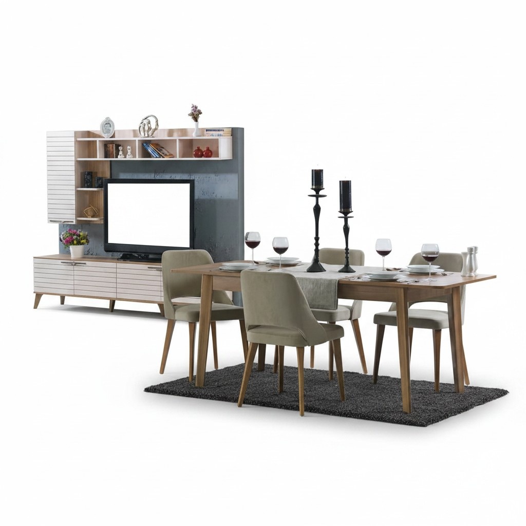 Esstisch 4х Stühle Modern Holzmöbel Wohnwand Esszimmergruppe Wandregal Design