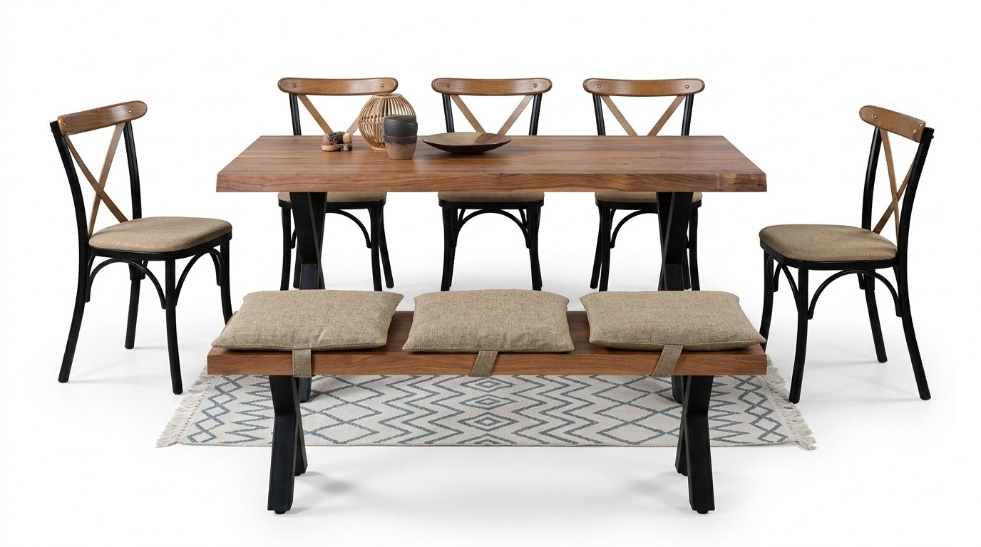 Esstisch aus Holz und 4 Stühle mit gepolstertem Sitz und Bank für das Esszimmer