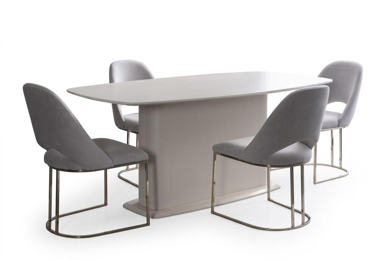 Esszimmer Esstisch Stühle Tisch Polsterstühle Säulenfuß Weiß Edelstahl