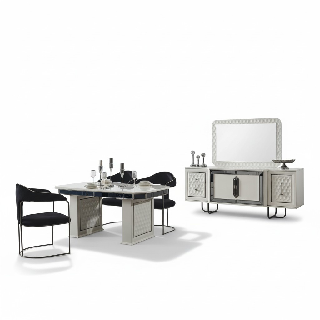 Esszimmer Garnitur Esstisch 4x Stühle Tisch Lehnstuhl Anrichte Spiegel 7tlg.