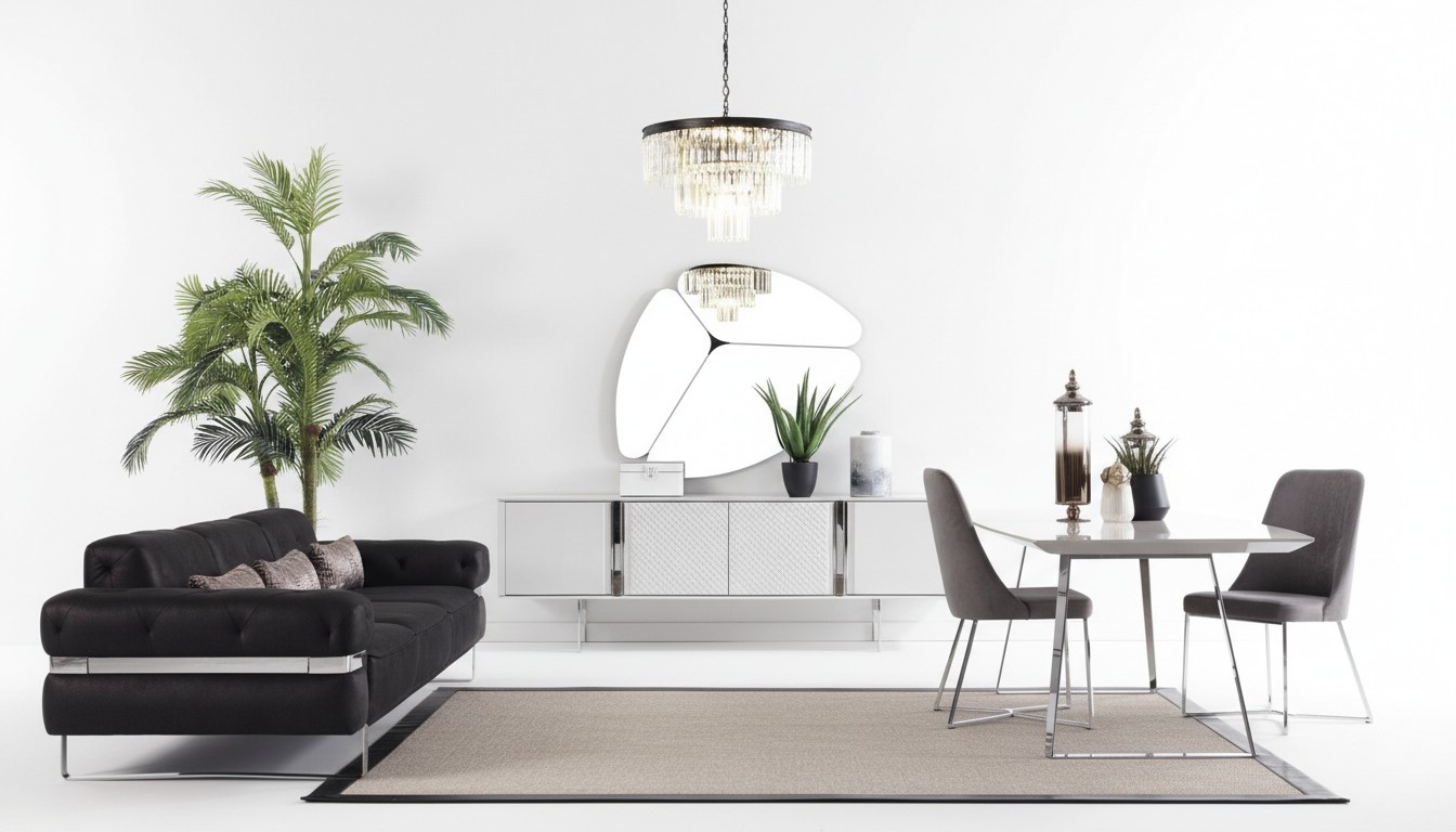 8tlg Esszimmer Garnitur Sofa Tisch 4x Stuhl Set Anrichte Spiegel