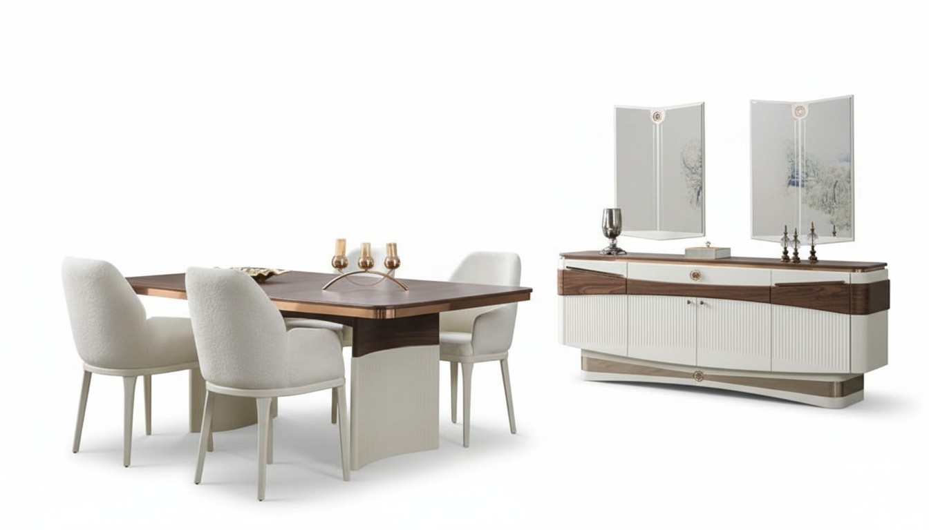 Esszimmer Komplett Esstisch 4x Polsterstühle Sideboard 2x Spiegele Weiß 8tlg