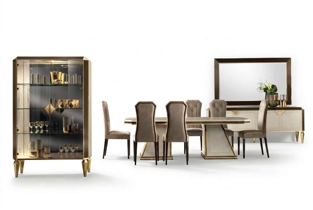 Esszimmer Set 10tlg. Garnitur Vitrine Tisch 6x Stuhl Anrichte Spiegel Möbel Holz
