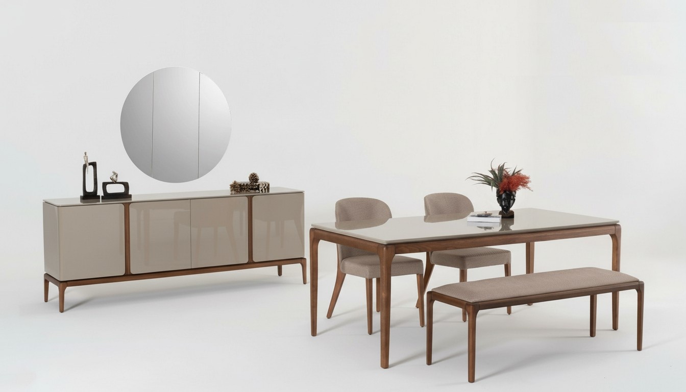 Esszimmer Set Essgruppe Tisch 4x Stühle Bank Anrichte Spiegel 8tlg.