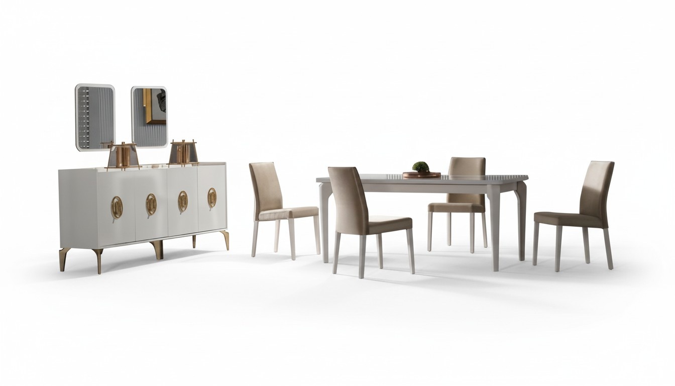 Esszimmer Set Esstisch + 4x Stühle + Sideboard + Spiegel 7tlg. Moderne Lux Möbel