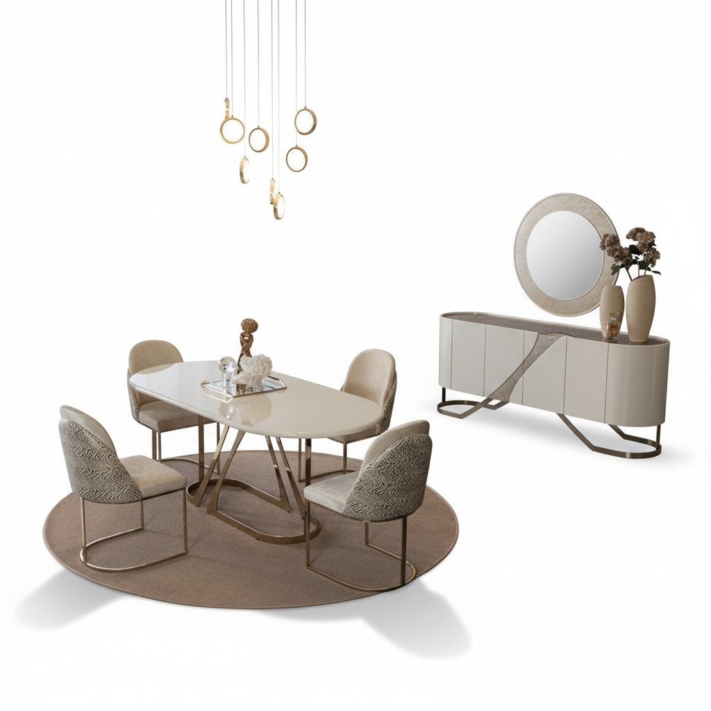 Esszimmer Set Esstisch Küchentisch Stühle Sideboard Spiegel Luxus Gold 7tlg