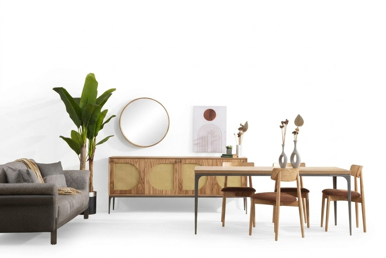 Esszimmer Set Holz Esstisch Garnitur Tisch Sideboard Spiegel 4x Stühle 7tlg.