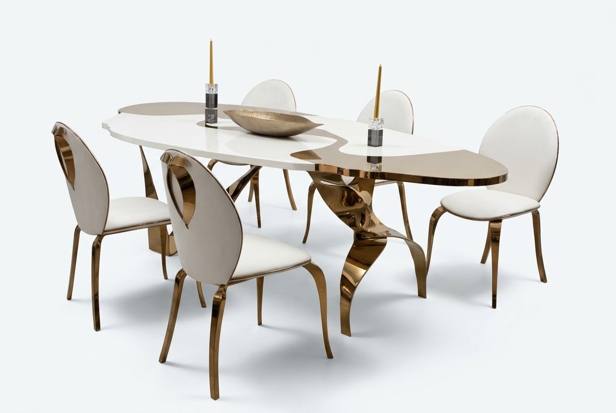 Esszimmer Set Luxus Stuhl Set 6x Stühle Essgruppe Garnitur Gold Weiß Stuhlgruppe