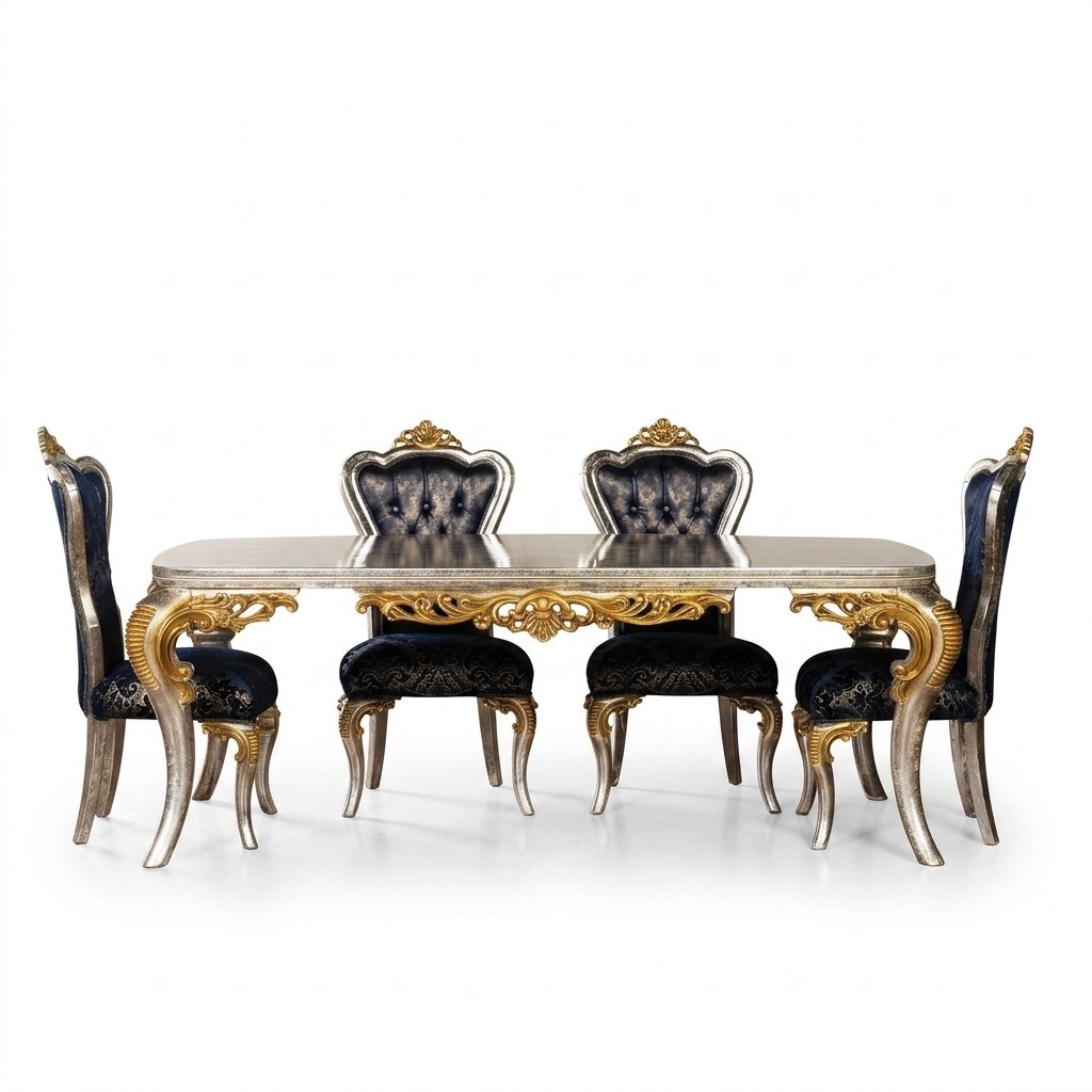 Esszimmer Set Silber Gold Essgruppe Tisch + 4x Lehnstuhl Chesterfield