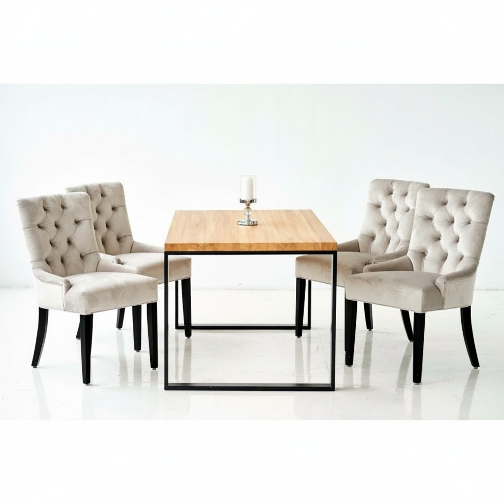 Esszimmer Stuhl Tisch + 4 Chesterfield Stühle Gruppe Garnitur Polster Lehn Holz