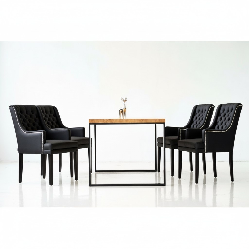 Esszimmer Tisch + 4 Chesterfield Stühle Gruppe Stuhl Garnitur Polster Lehn Holz