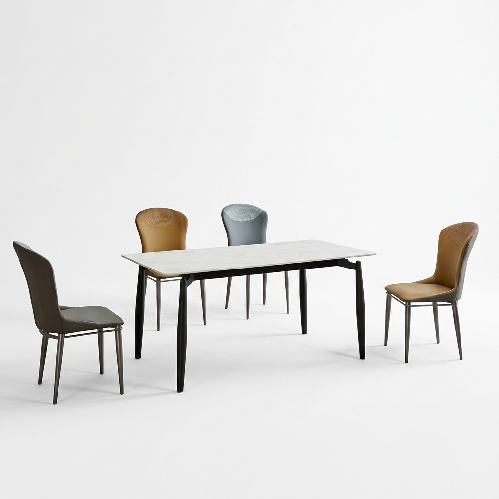 Esszimmergruppe Designer Weißer Esstisch 4x Lederstühle Sitzgruppe 5tlg