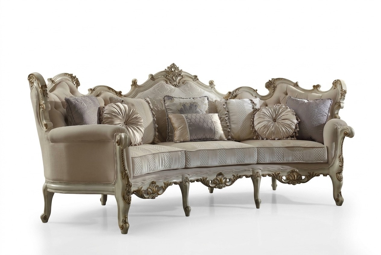 Exclusive Holz geschnitzte Viersitzer xxl Couch Barock Rokoko Textil Sofa Rund