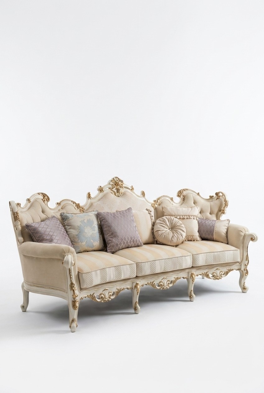 Exclusive Holz geschnitzte Viersitzer xxl Couch Barock Rokoko Textil Sofa Rund