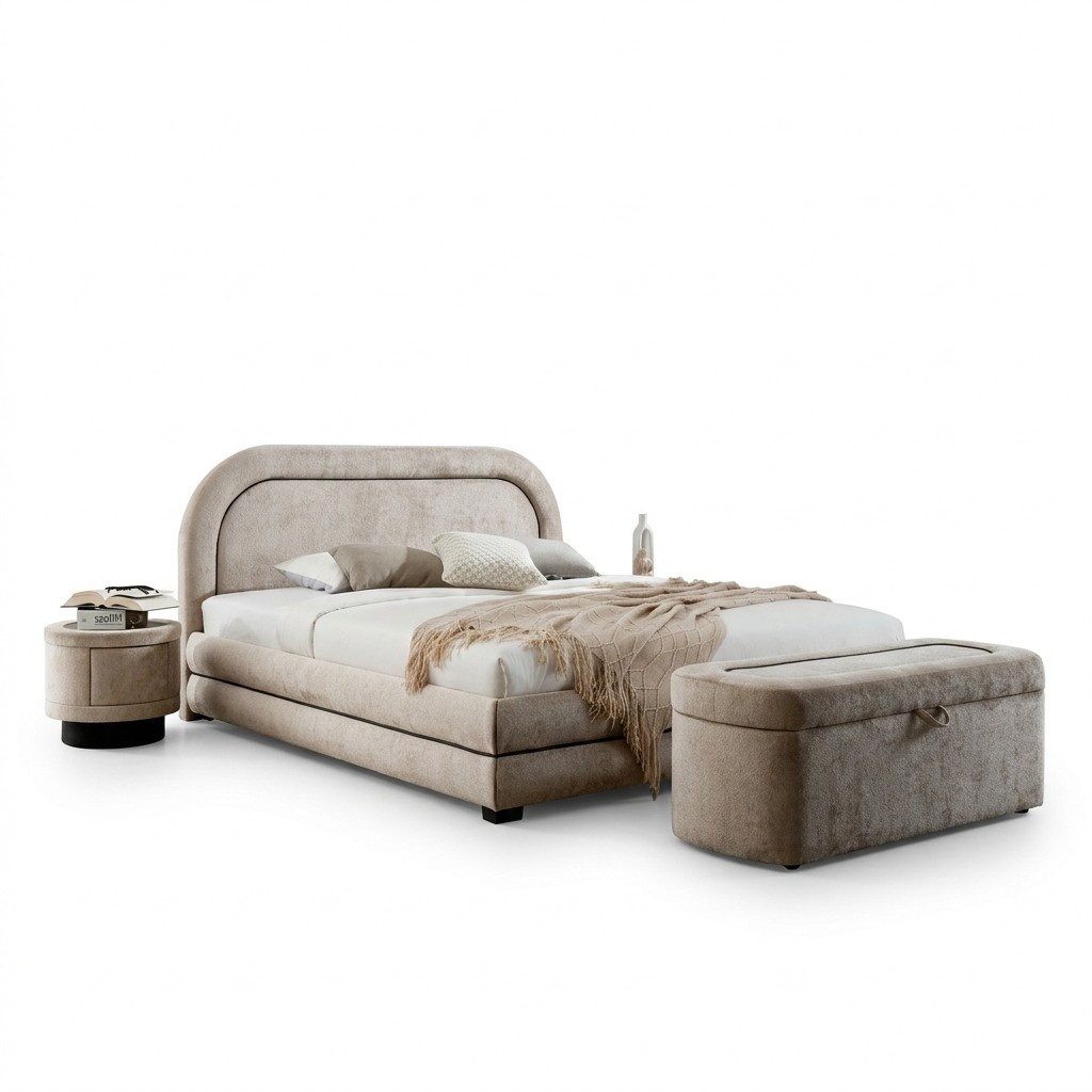 Exklusive Beige Schlafzimmer Garnitur Doppelbett Polster Nachttische