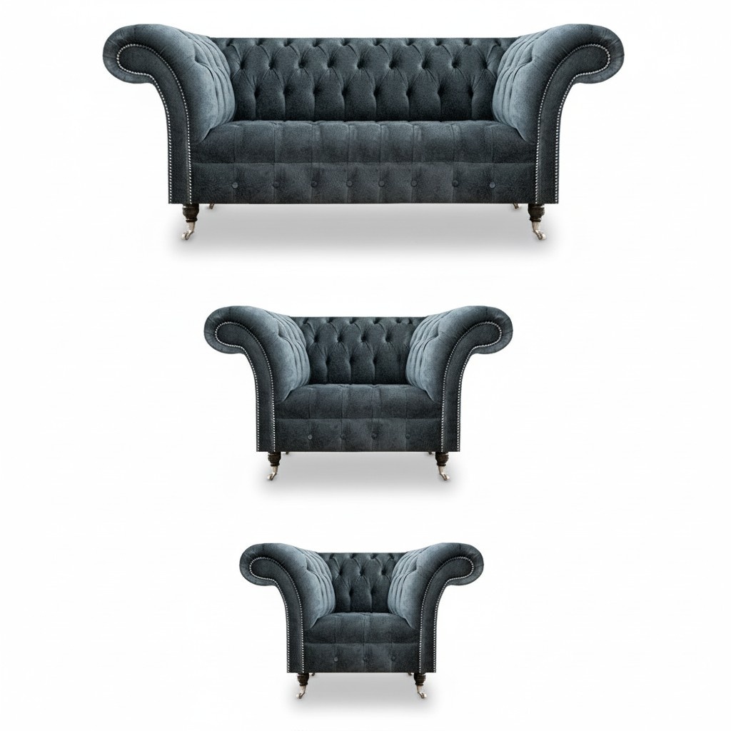 Exklusive Graue Chesterfield Sofas Edler 3-Sitzer Zweisitzer Sessel 3tlg