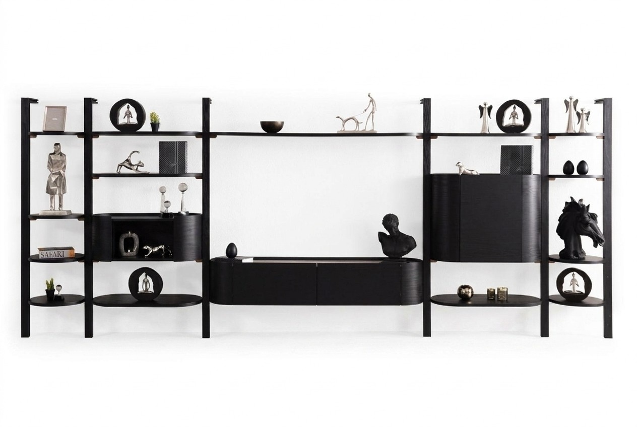 Exklusive Schwarze Wohnwand Designer Wohnzimmer Möbel Edle Holzwand