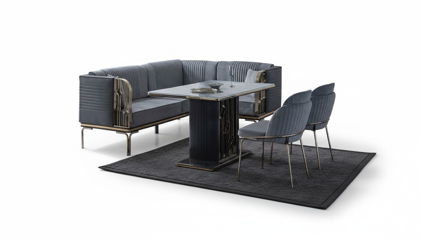 Exklusives Graues Esszimmer Set Luxus Edelstahl Tisch 2x Textil Stühle