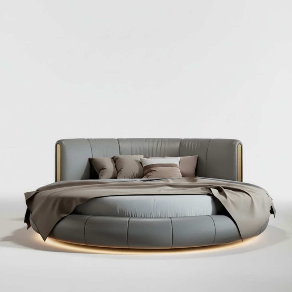 Exklusives Rundbett Grau Beige Polster Leder Design Modernes Schlafzimmer
