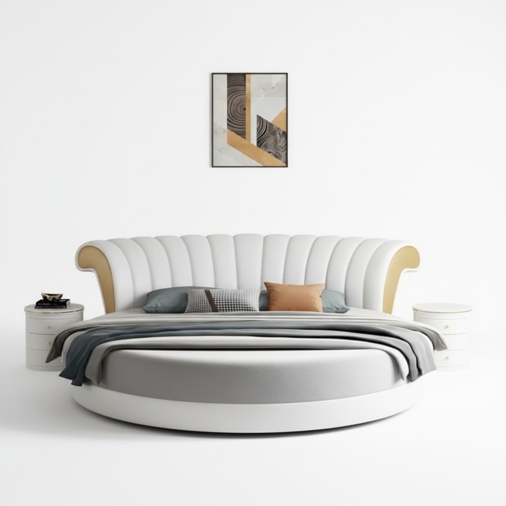 Exklusives Rundbett Weiß Beige Polster Leder Design Modernes Schlafzimmer