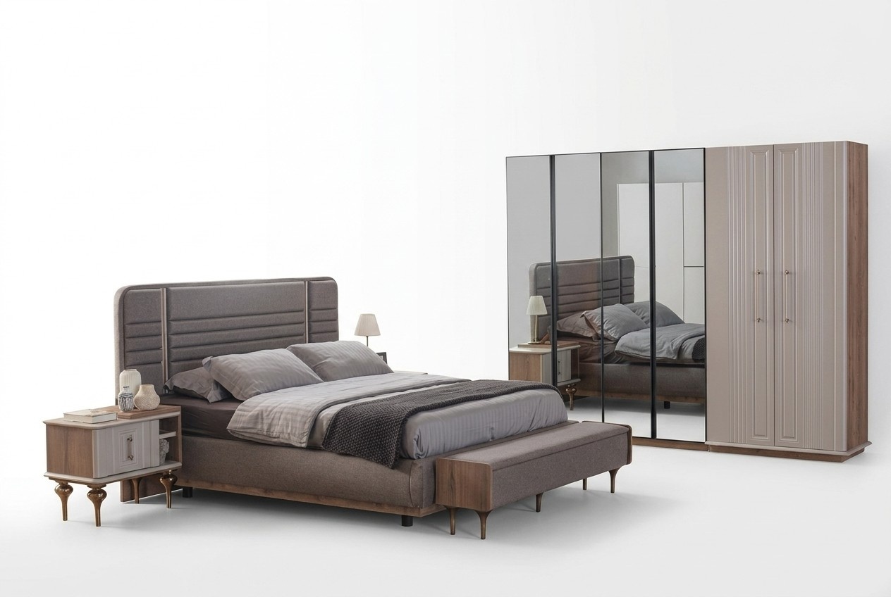 Exklusives Schlafzimmer Bett Glasschrank Holz Nachttische 4tlg Luxus Set