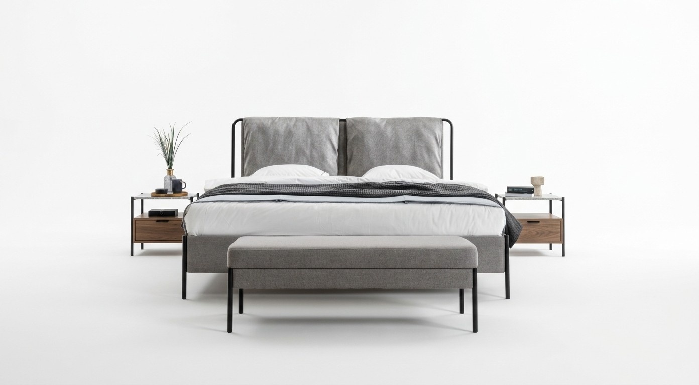 Exklusives Schlafzimmer Doppelbett Metallgestell Bank Luxus Möbel