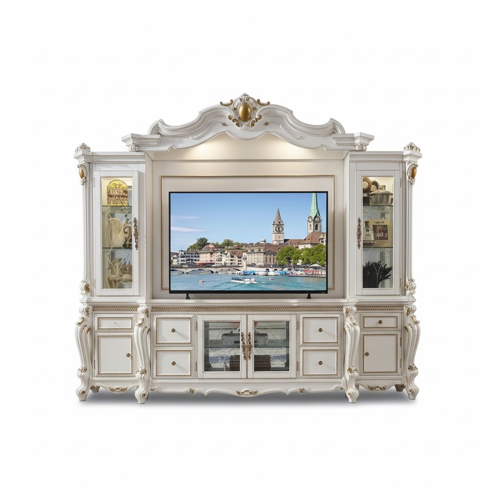 Fernseh Wand Klassisch Wohnwand Echt Handarbeit Holz Vitrine Regal Barock Rokoko