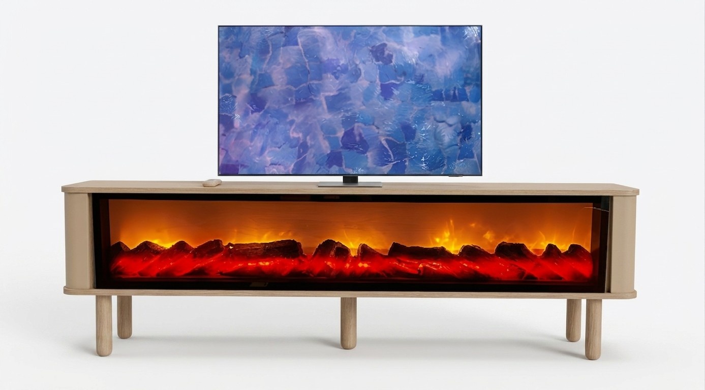 Formschöner TV-Schrank mit Holzbeinen wählbare Kaminfarbe, Musik via Bluetooth