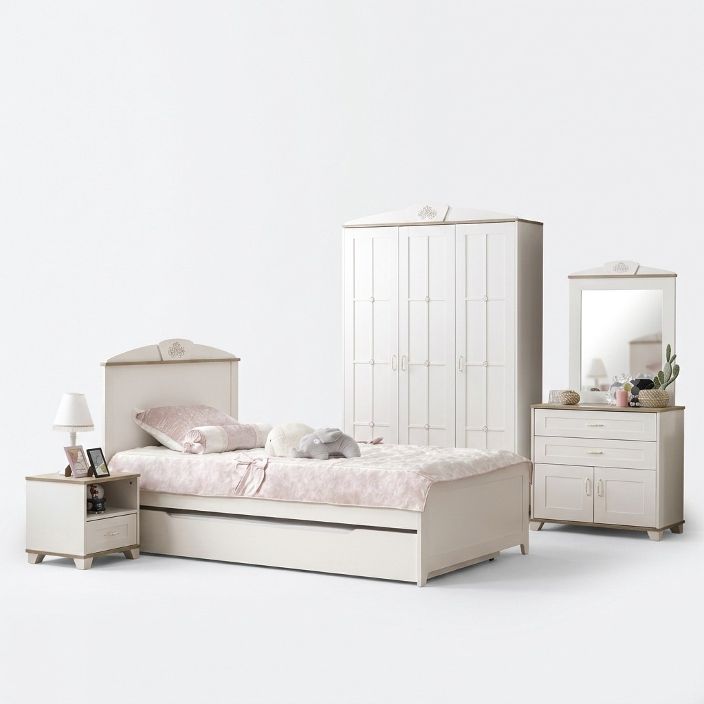 Funktionsbett Ausziehbares Kinderbett Bett Weiß Set 5tlg Holzbett