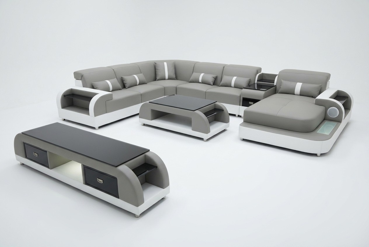 Garnitur Design Wohnlandschaft Ecksofa Sofa Couch U-Form Couchtisch Leder 2tlg