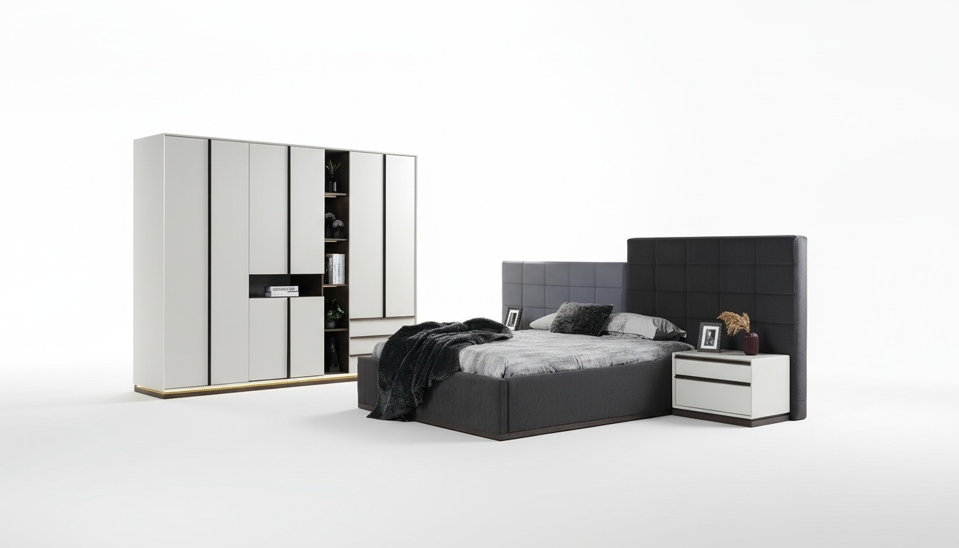 Garnitur Doppelbett Schlafzimmer Bett Nachttische 4tlg Grau Schranke