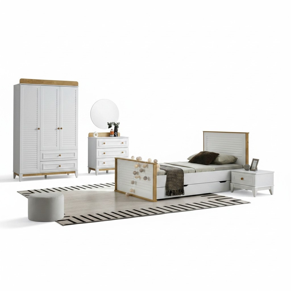 Garnitur Kinderzimmer Jugendbett Bettrahmen Bett Set 4tlg Holz Weiß Schlafzimmer