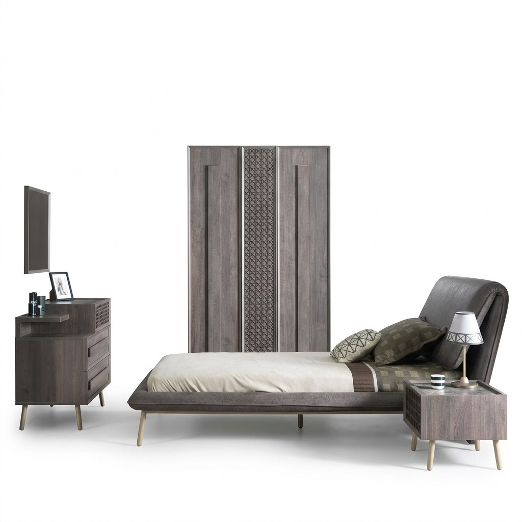 Garnitur Polsterbett Jugendbett Bettrahmen Bett Set 5tlg Holz Grau Neu