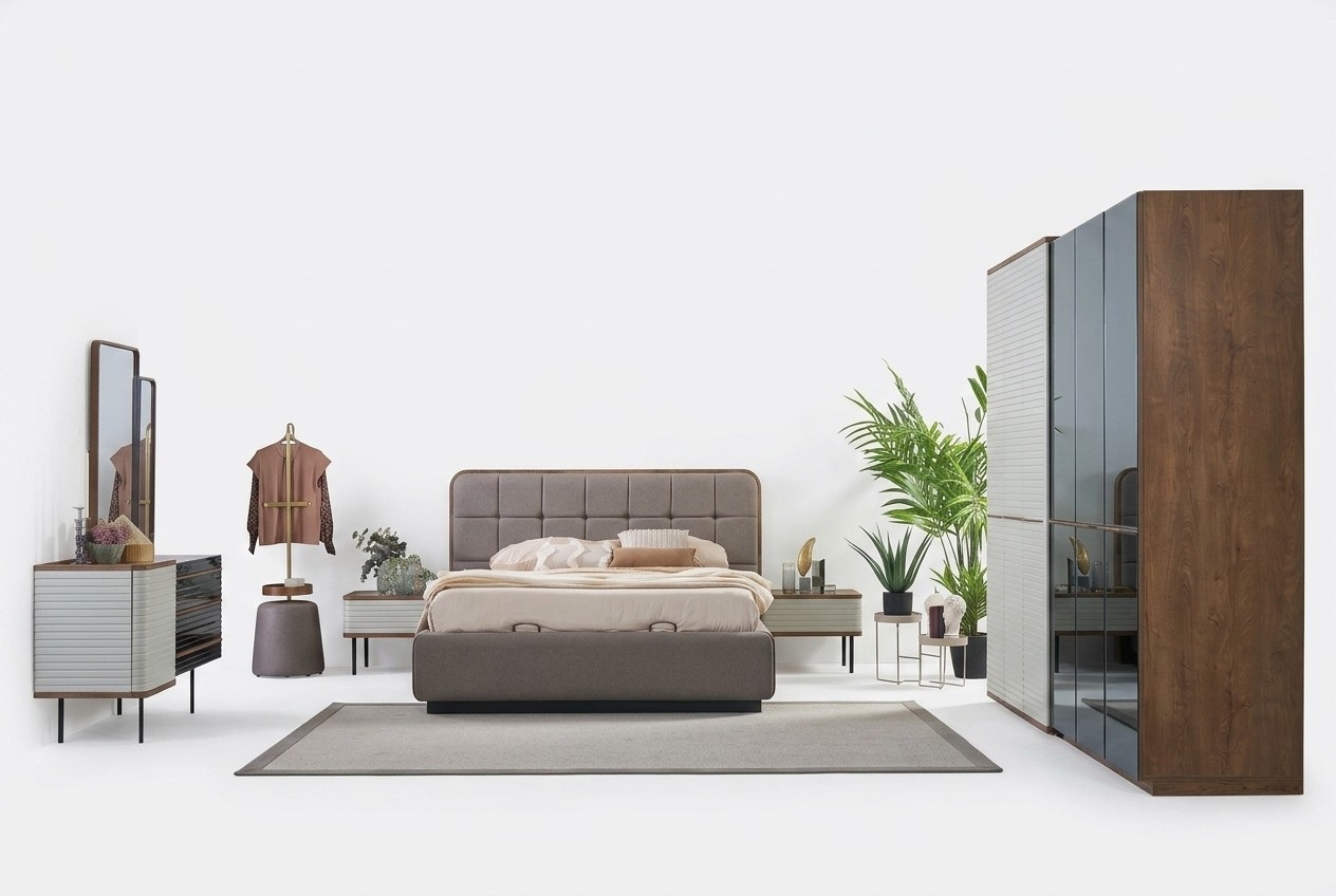Garnitur Schlafzimmer Bett Set 5tlg Doppelbett Braun Holz Bettrahmen