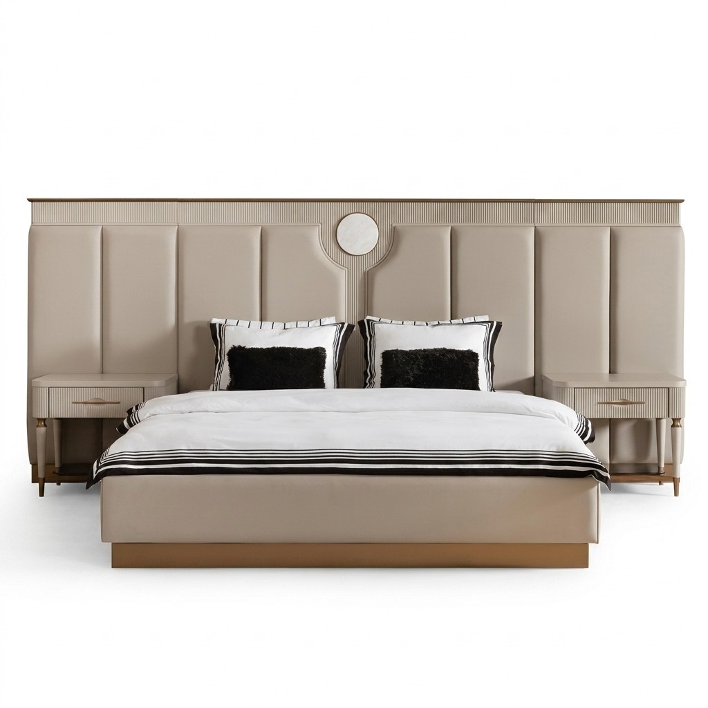 Garnitur Schlafzimmer Doppelbett Bett Nachttische Set 3tlg Beige Stoff