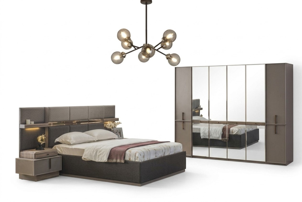 Garnitur Schlafzimmer Doppelbett Bett Nachttische Schrank 4tlg Grau