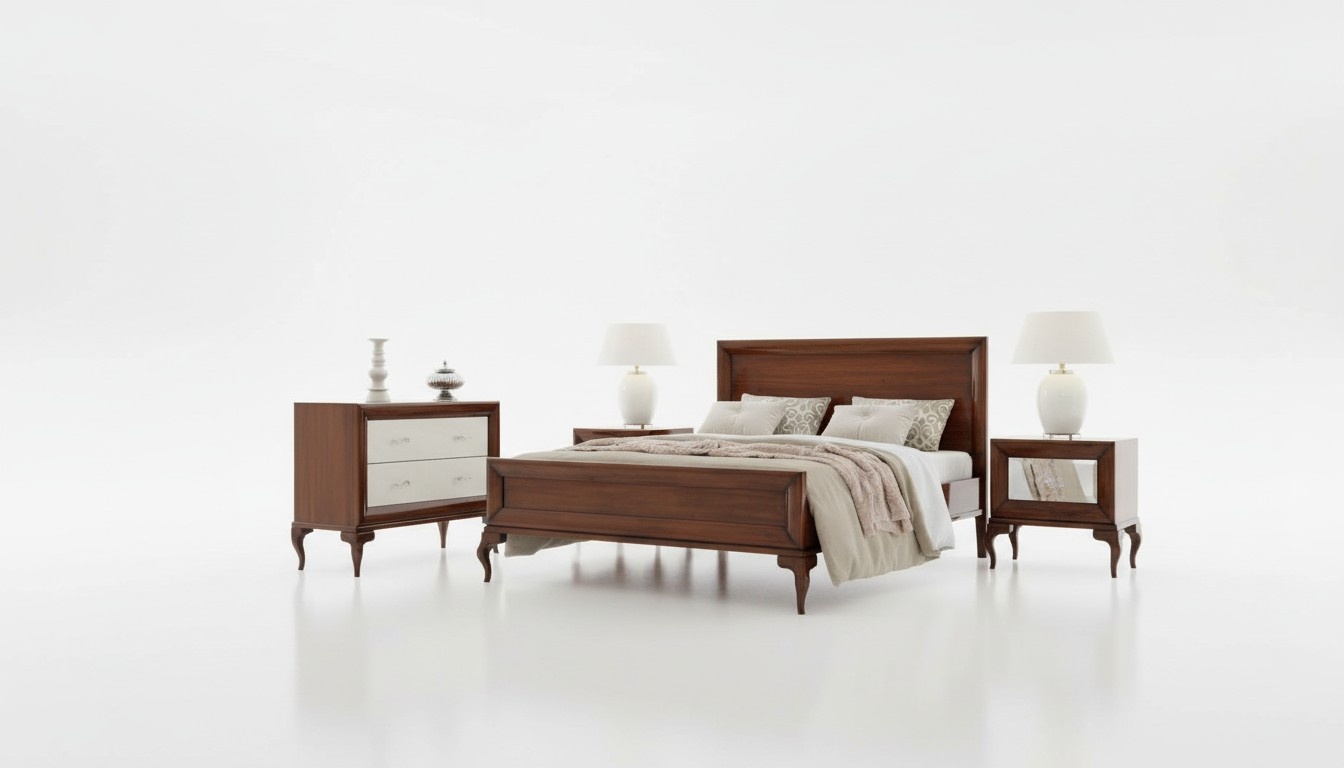 Garnitur Schlafzimmer Doppelbett Nachttisch Kommode Holz Braun Set 4tlg