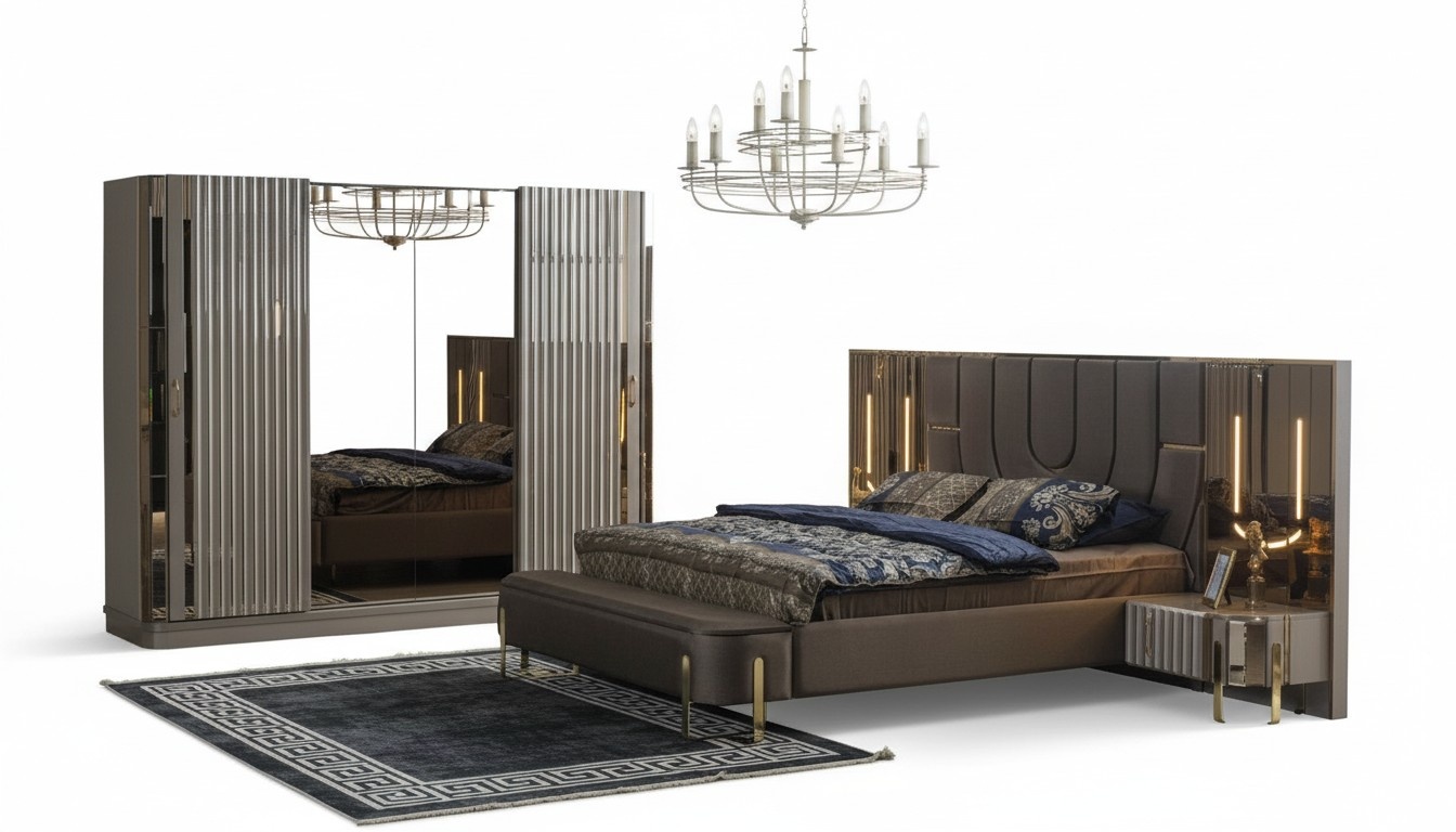 Garnitur Schlafzimmer Doppelbett Luxus Bett Modern Braun Set 4tlg Neu