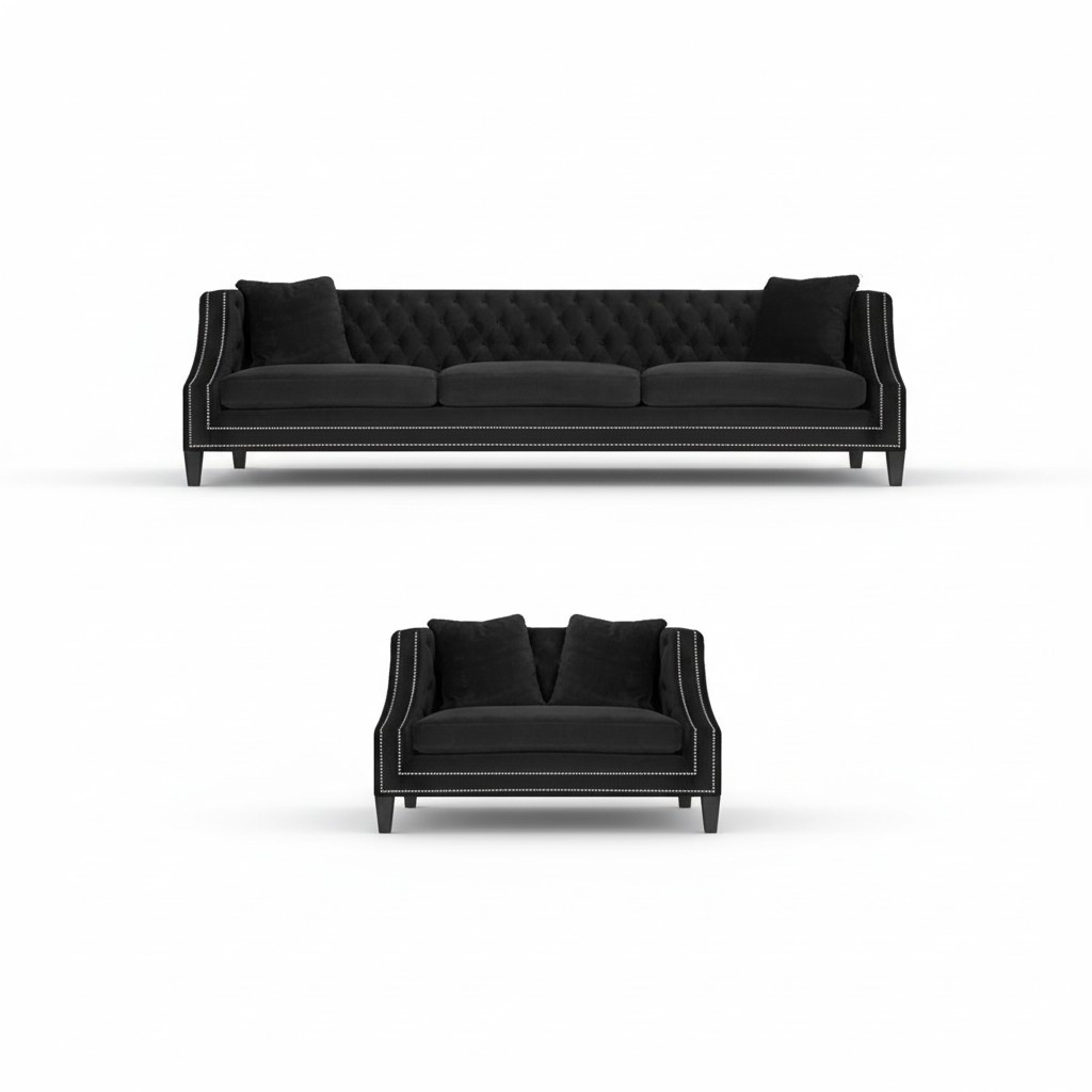 Garnitur Sofa Set 2tlg Chesterfield Schwarz Sessel Sofa Couch Dreisitze 3+1