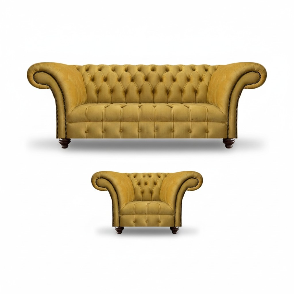 Gelb Sofa Set Sessel Luxus Textil Sofa Dreisitze Couch Chesterfield Sitz Möbel