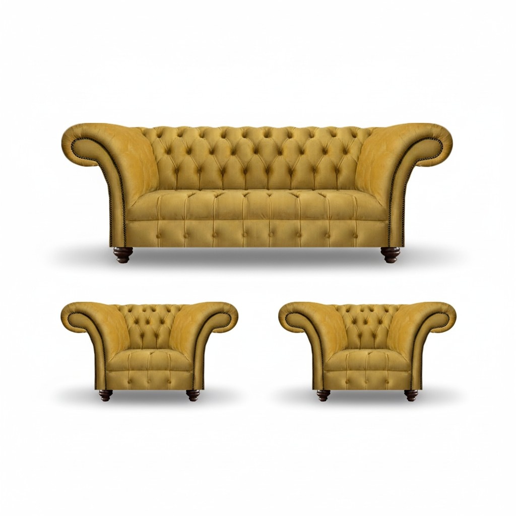 Gelbe Chesterfield Polster Garnitur Wohnzimmer Sofas Edles 3tlg Set Neu
