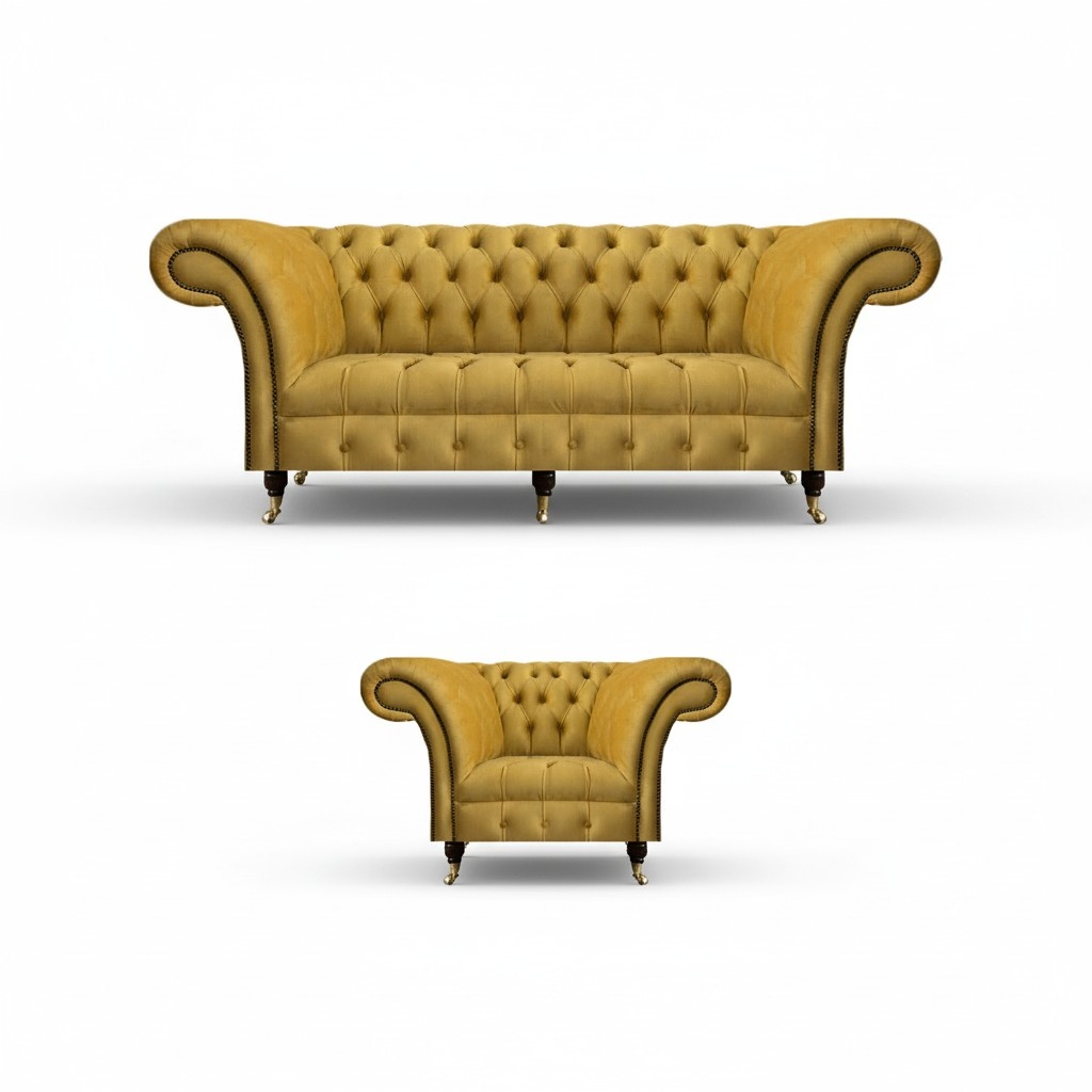 Gelbe Chesterfield Polstermöbel Designer 3-Sitzer Luxuriöser Sessel 2tlg